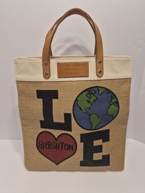 Brighton Natural Canvas LOVE Tote with Tan Leather Handles